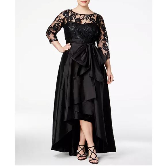 Adrianna Papell Hi Low Black Gown Illusion Lace Neckline - Picture 1 of 13